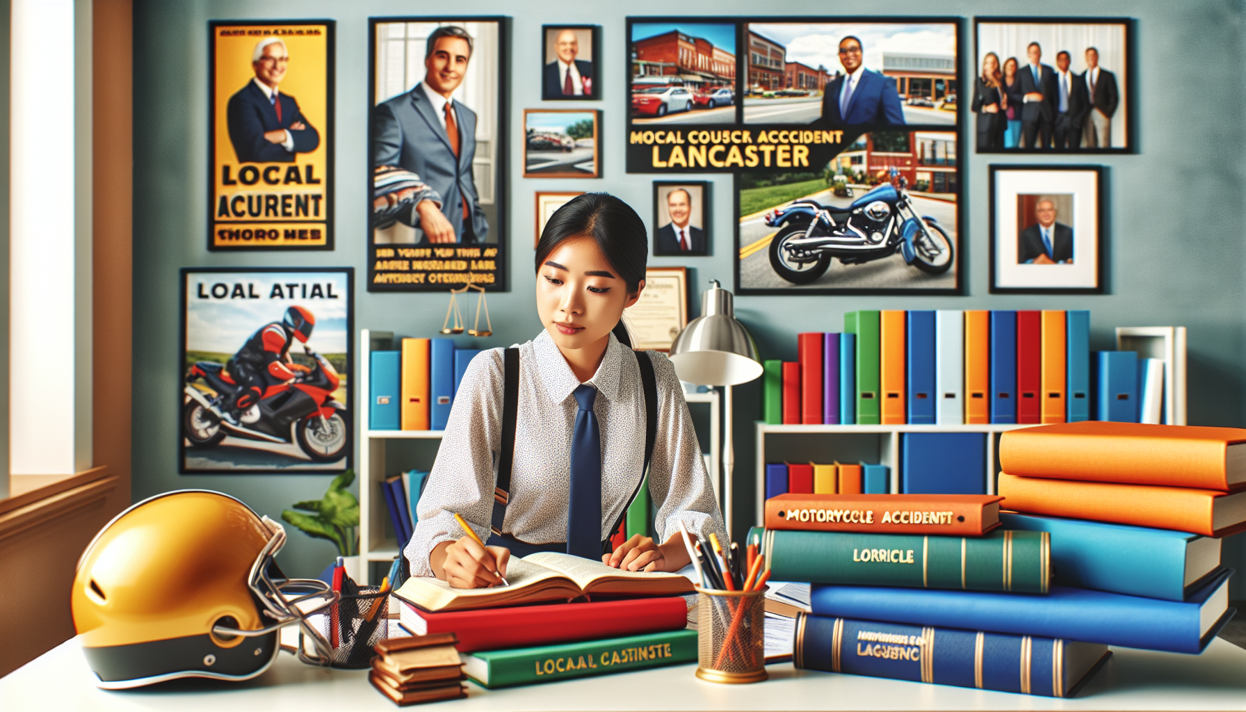 Image of a focused, professional attorney in a Lancaster, Pennsylvania office studying motorcycle accident cases, with local law books visible, near images and testimonials of satisfied clients displayed in the background.