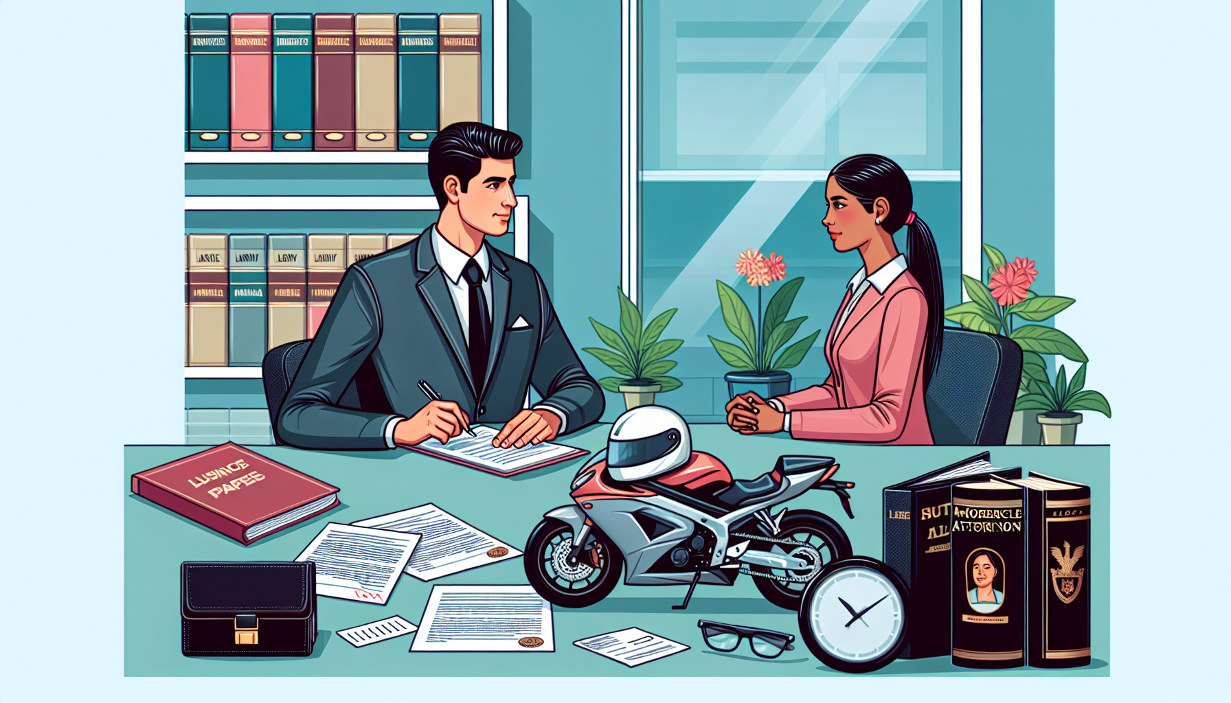 An experienced Lancaster motorcycle accident attorney in a professional office setting, consulting with a client about their case. The image includes visible documents such as insurance papers and medical reports spread across the table, symbolizing preparation for the first consultation. In the background, legal books and Lancaster state law references can be seen, emphasizing the attorney