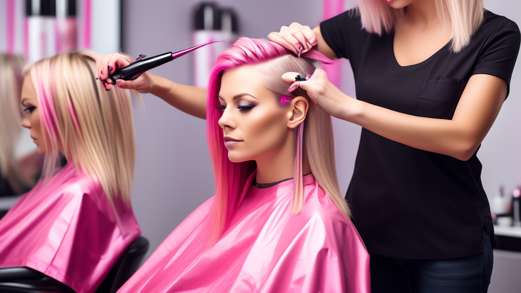 Create a DALL-E prompt that focuses on the second point in the outline:

Hyper-realistic image of a professional hairstylist applying blonde and pink foils to a client