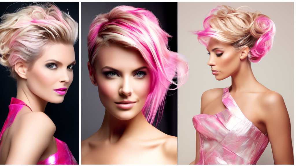 **DALL-E Prompt:**

Create an image showcasing the versatility and customization of blonde and pink foil highlights. The image should feature a woman with a modern hairstyle where blonde and pink foils are artistically blended into her hair. One side of the image should capture her styling her hair in an elegant updo, suitable for a special occasion, while the other side should show her with a casual, tousled look, highlighting the everyday versatility of the color. Add elements like a stylist