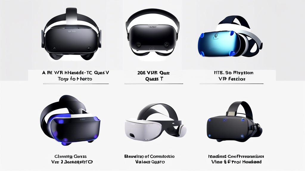 A detailed comparison chart featuring the top VR headsets of 2023, including Oculus Quest 2, PlayStation VR2, and HTC Vive Pro 2, with key evaluation criteria such as image quality, comfort, and value for money highlighted alongside brief descriptions and standout features of each model. The backdrop is a sleek, modern tech showroom with the headsets prominently displayed on pedestals.