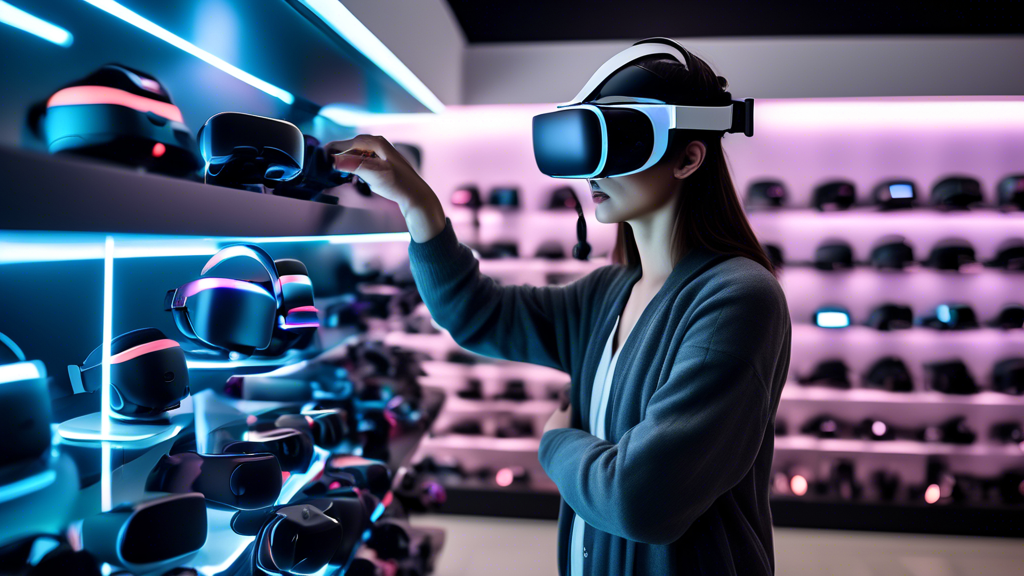 An image of a person thoughtfully examining various VR headsets on display at a high-tech store, with labels indicating their specific uses such as gaming, movies, and professional applications. The shelves are neatly organized with popular models including Oculus Quest 2, PlayStation VR2, and HTC Vive Pro 2. The background features a futuristic ambiance with holographic screens providing tips on selecting the best VR headset and on maintaining its longevity. Keywords: best VR headset 2023.