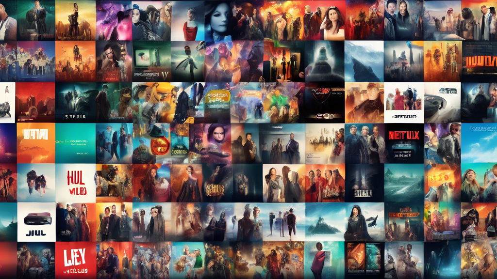 Create an image showcasing a vibrant, digital collage of popular movie and TV show thumbnails, each with their corresponding streaming platform logos (like Netflix, Hulu, and Amazon Prime Video) in a futuristic, stylized web browser interface. The background should hint at various global landmarks and seamlessly blend into a cyberspace theme, emphasizing unrestricted access to worldwide entertainment content.