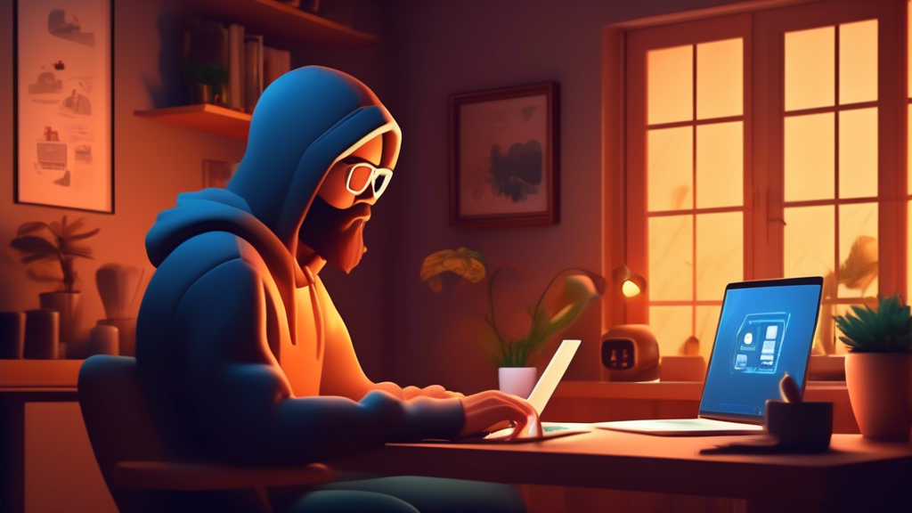 Create an image of a tech-savvy individual in a cozy home setup, comfortably browsing an unblocked streaming website on a laptop. The scene should include icons and visuals representing security and privacy, such as VPN symbols, padlocks, and cybersecurity shields, subtly integrated into the background. Emphasize a sense of safe and secure internet browsing. Include a warm, inviting atmosphere with subtle, modern decor.