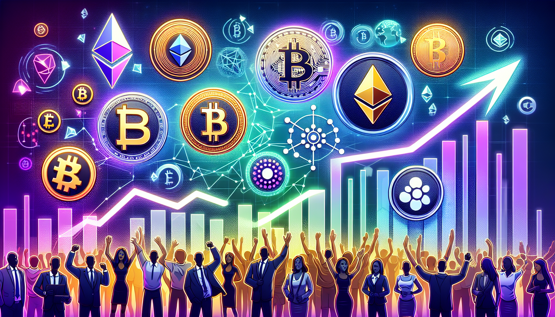 Create a futuristic and dynamic illustration featuring Bitcoin (BTC), Ethereum (ETH), Solana (SOL), Polkadot (DOT), and Cardano (ADA) symbols prominently. Background shows an upward trending market graph signifying growth and potential. Incorporate elements such as blockchain visuals, digital ledgers, and a diverse group of excited investors. This image should convey expert recommendations for top digital currencies to invest in for 2023.