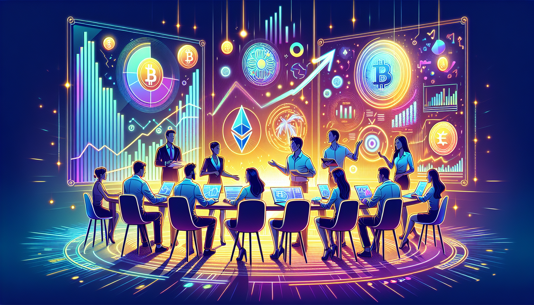 Create an image showcasing a group of diverse cryptocurrency investors discussing and analyzing various digital currencies. They