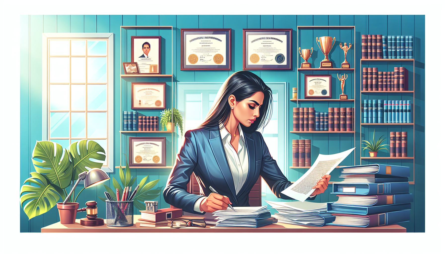 An experienced attorney from a reputable injury law firm reviewing detailed legal documents and case files in a well-organized office, with awards and certificates of successful cases displayed prominently in the background, symbolizing a strong track record and extensive experience in injury law.