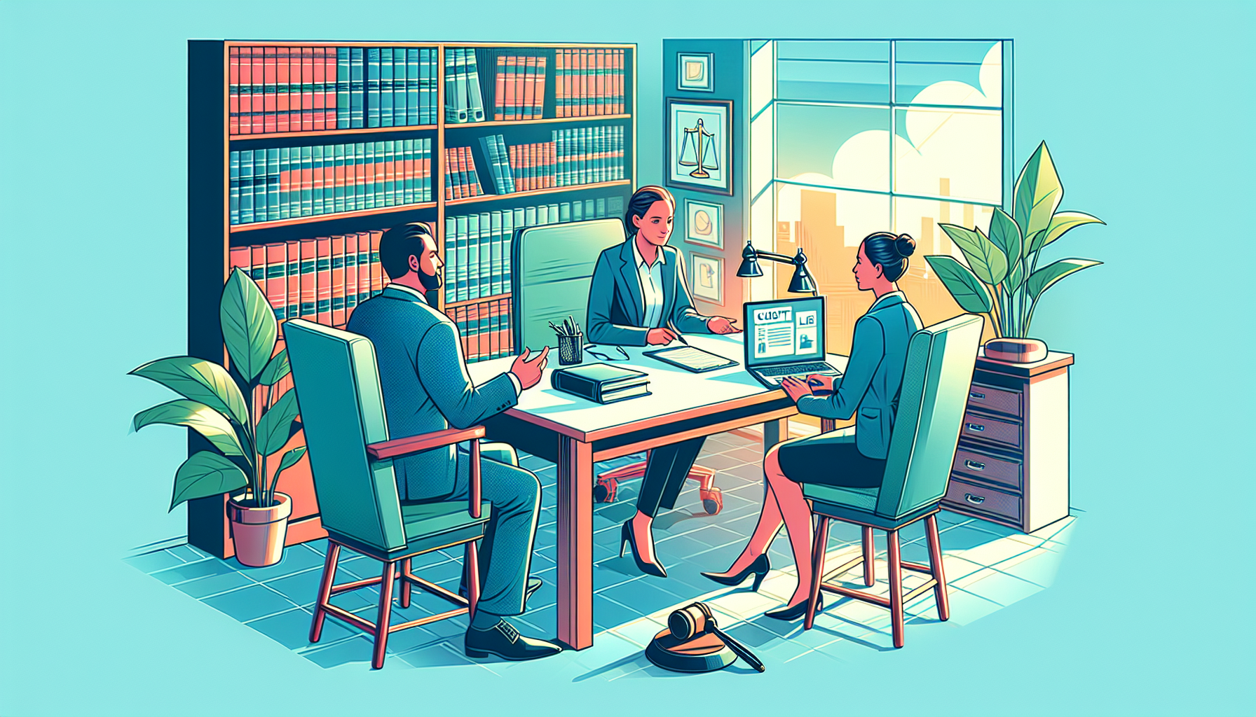Depiction of a calming and professional consultation room in an injury law firm, showcasing a lawyer and client engaging in a transparent and detailed conversation about a case. The environment is designed to emphasize comfort and trust, with clear, open displays of communication aids like case files, legal books, and a laptop open to client resources. The atmosphere is busy yet attentive, illustrating the essence of effective client support and communication.