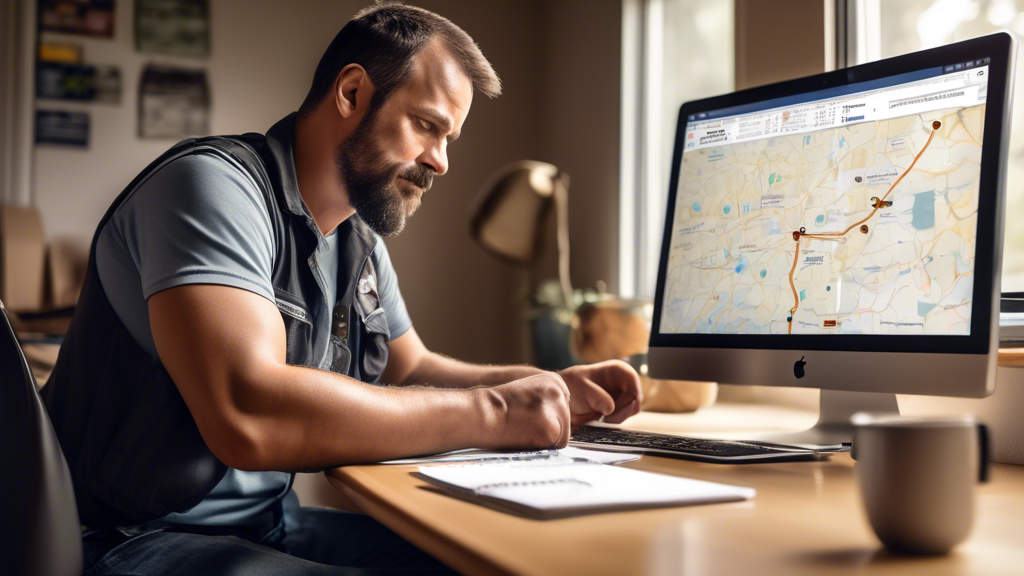 Create an image of a trucker sitting in front of a computer screen, browsing through online directories and reading reviews for affordable DOT physicals in his area. The screen shows a map with location pins and star ratings. Surrounding him are elements like a coffee cup, notebooks, and a phone, symbolizing the use of community resources and recommendations. Include a calendar on the wall with some dates circled, representing the concept of scheduling and timing discounts and specials.