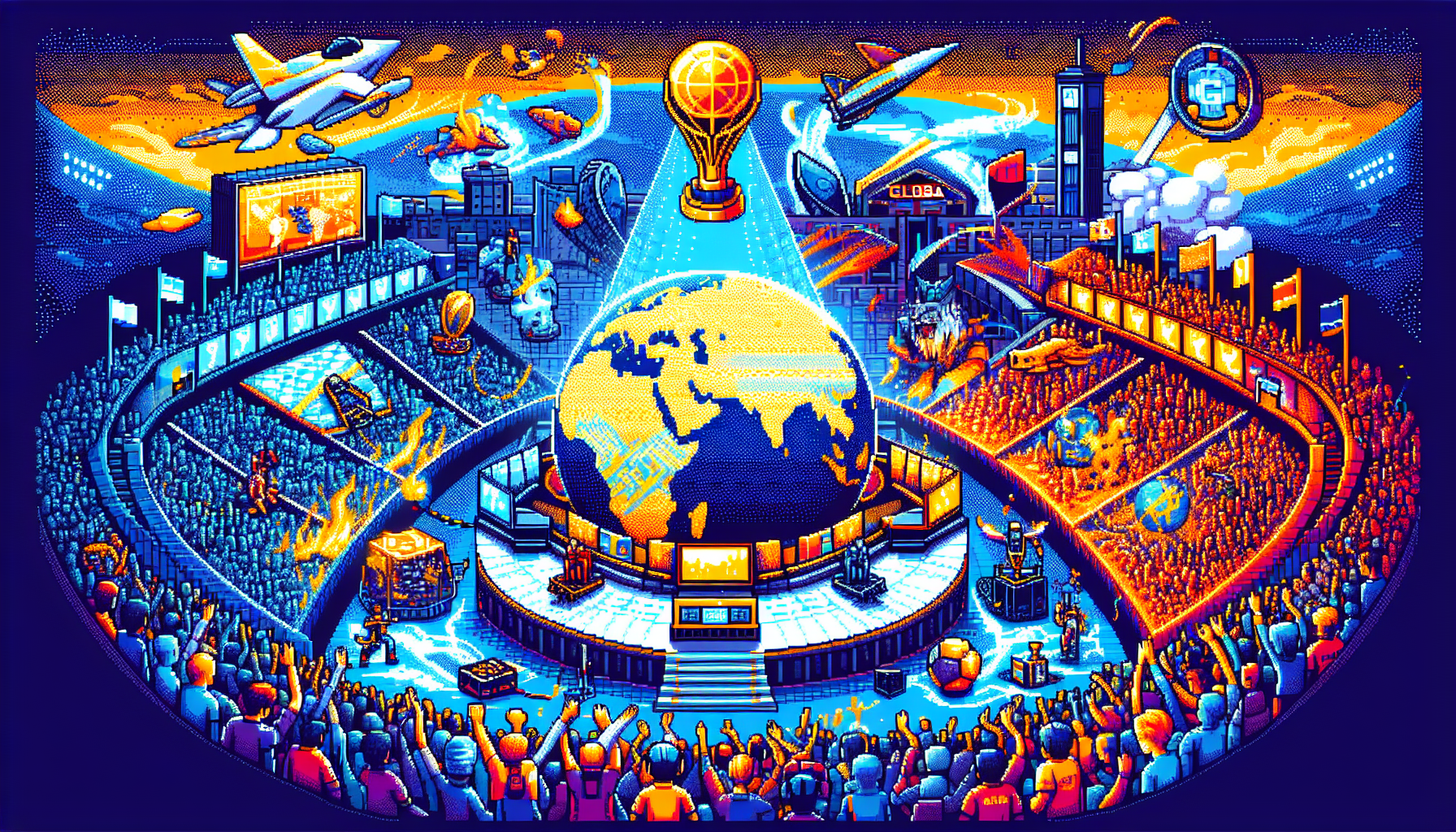 Dramatic digital artwork depicting the grandeur of major League of Legends tournaments around the world. Show vibrant scenes of regional leagues like the LCS in North America, LEC in Europe, LCK in Korea, and LPL in China. Include an international stage for the World Championship and Mid-Season Invitational, with iconic settings, cheering crowds, and intense in-game action. Highlight the massive prize pools with digital representations of monetary rewards, trophies, and medals.