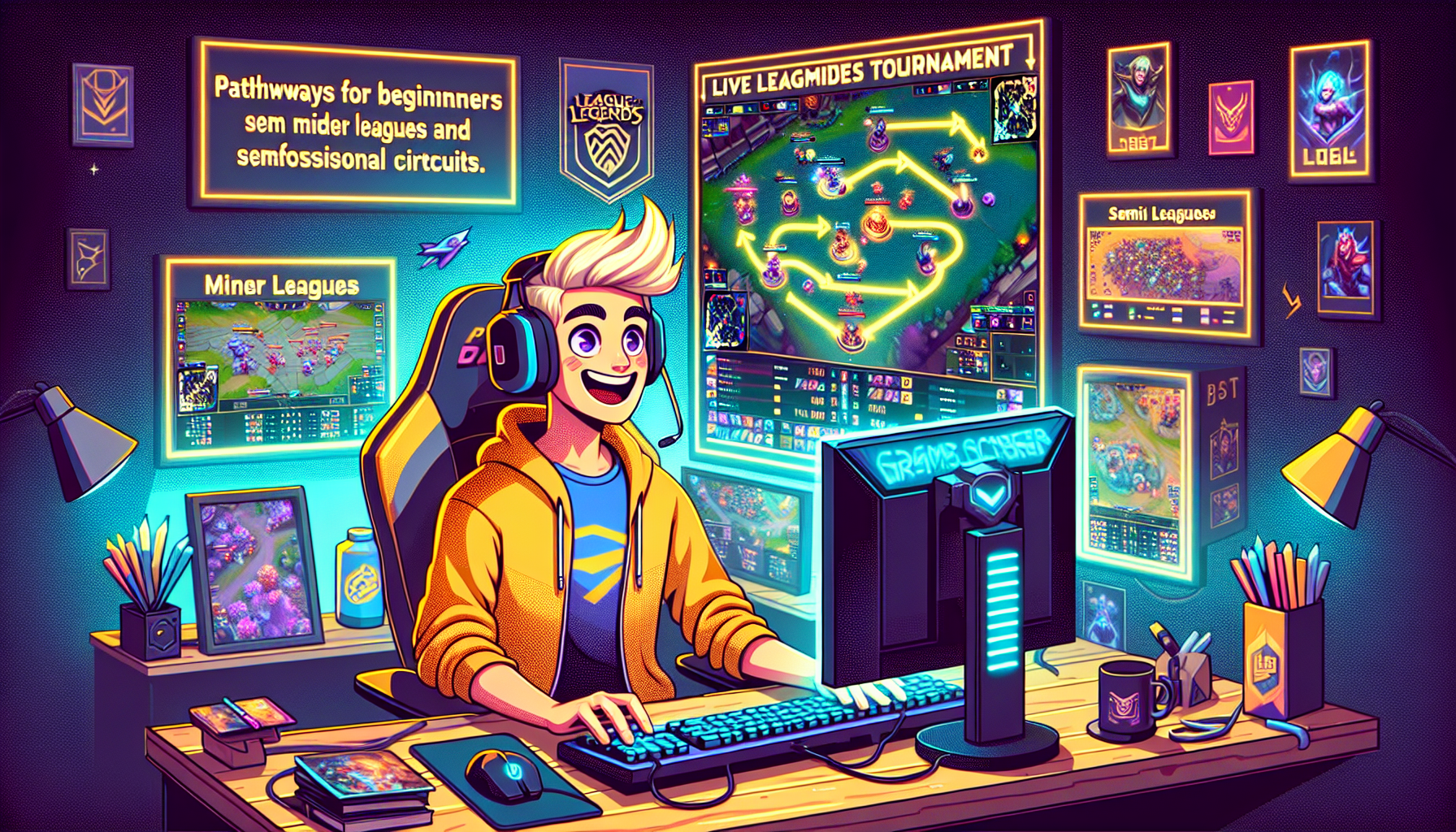 An image of an enthusiastic young League of Legends player sitting in front of a computer setup with multiple monitors, displaying a live LoL tournament stream. Behind the player, there is a vibrant gaming-themed room with LoL posters and memorabilia. On one of the screens, highlight pathways for new players to compete, such as amateur circuits and semi-pro leagues, while another screen shows a live tournament match with an engaged audience.