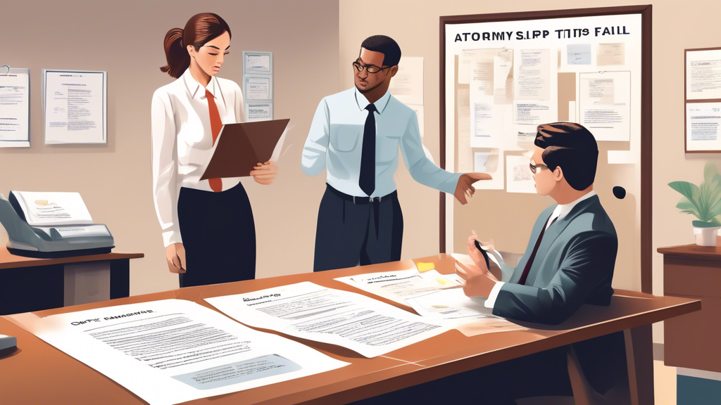 Create a detailed illustration depicting a person in an office setting, consulting with a professional slip & fall attorney. The attorney is showing the person a list titled 