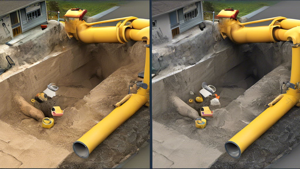 DALL-E prompt for an image related to outline point #3:

A split-screen image showing two methods of drain pipe replacement. On the left side, show a traditional open trench method with excavators and exposed pipes in a yard. On the right side, depict a trenchless pipe replacement method with a small access point and specialized equipment inserting a new pipe liner. Include a cost comparison chart overlay to emphasize the potential savings of the trenchless method.