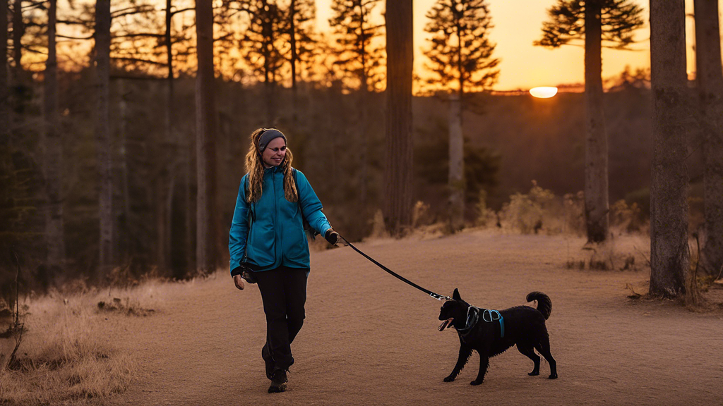 Create an image of a pet owner holding a Wilderdog leash with their dog during a sunset walk. The leash has a visible, ergonomic handle that looks comfortable in the owner’s hand. The leash also features reflective materials that glimmer subtly in the evening light, enhancing nighttime visibility. The pet owner and dog appear happy and relaxed, showcasing the comfort and safety of the Wilderdog leash while walking in an open, slightly hilly park with a few trees in the background.