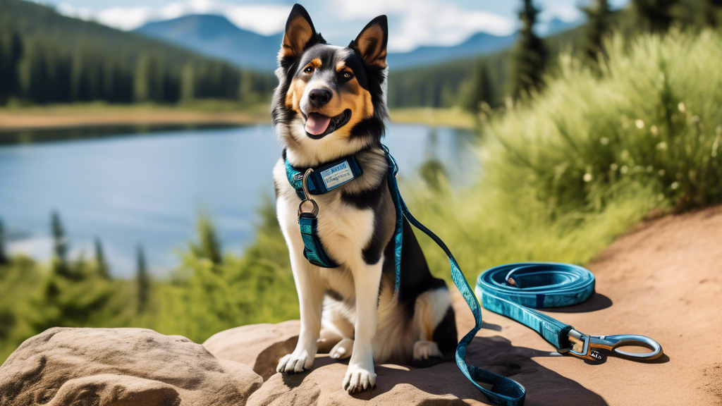 Create a detailed and vibrant image of a Wilderdog leash set against a picturesque outdoor background that highlights both its sustainable materials and eco-friendly design. Show the leash in use with a happy dog during a scenic hike, surrounded by lush greenery and clear blue skies. Include subtle details such as eco-friendly tags on the leash, and showcase small signs or symbols indicating the brand