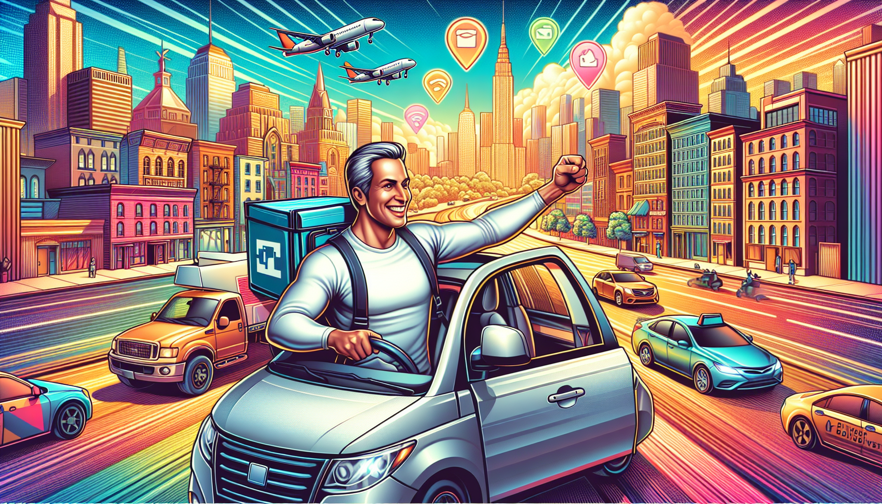Illustration of a cheerful ride-share and delivery driver in a bustling city. The driver is shown in a modern car with a delivery bag in the backseat, picking up passengers and delivering packages. The city