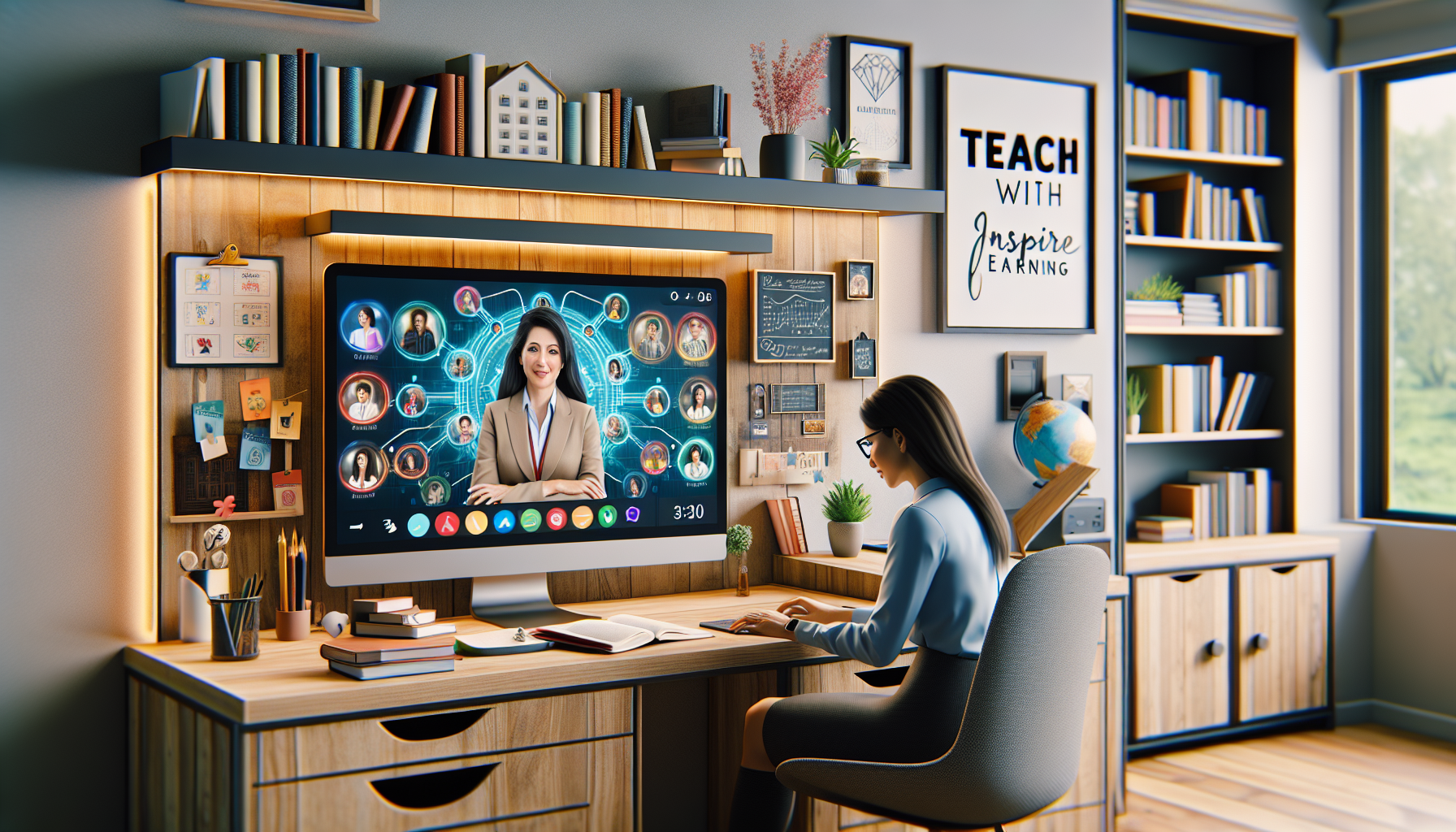 **DALL-E Prompt:**

“An inviting and brightly lit home office setup, with a computer displaying a virtual classroom software interface. A cheerful, professionally dressed tutor is sitting in front of the computer, engaging with a student on the screen. A bookshelf filled with educational materials and a whiteboard with diagrams and notes in the background. Small motivational posters like 