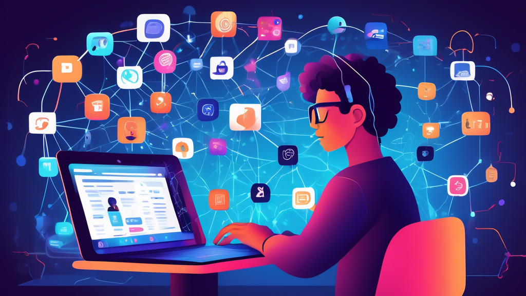 A vibrant digital illustration of a person sitting at a desk with a laptop, deeply engaged in a virtual discussion. Surrounding them are floating icons representing various online communities, forums, and social media platforms like Reddit, Discord, LinkedIn, and GitHub. The laptop screen shows a blockchain diagram, symbolizing active learning and collaboration. The background features a network of connected individuals, all sharing and exchanging knowledge about blockchain technology. Text overlay reads: Learn Blockchain for Free: Tap into Online Communities and Forums.