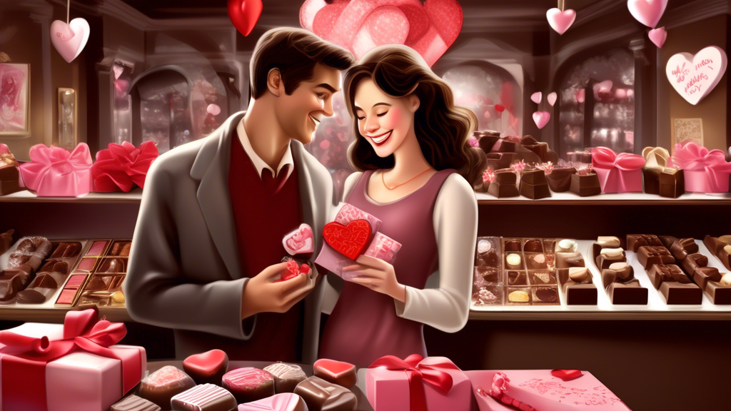 Prompt: A couple cheerfully shopping for Valentine’s Day chocolates in a quaint chocolate boutique with elegantly displayed assortments of dark, milk, and white chocolates, surrounded by romantic decorations and Valentine-themed packaging. Focus on the warmth and excitement of choosing the perfect gift, highlighting the importance of personalization and presentation.