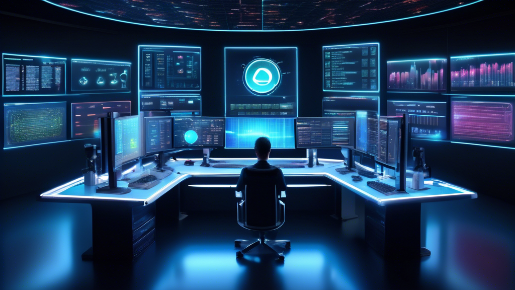Create a DALL-E image that illustrates the Key Benefits of Integrating AI in Cryptocurrency Trading: A futuristic trading desk with multiple screens showcasing real-time cryptocurrency market data. Central to the image is an advanced AI system represented by an ethereal holographic interface, guiding the trader by highlighting trends and making split-second trading decisions. Surrounding this setup are visual elements depicting accuracy, speed, minimized errors (like a thumbs up icon or a checklist), and successful case studies (symbols of success, e.g., upward graphs and celebrating individuals). The scene should evoke a sense of cutting-edge technology seamlessly integrated into the trading process.