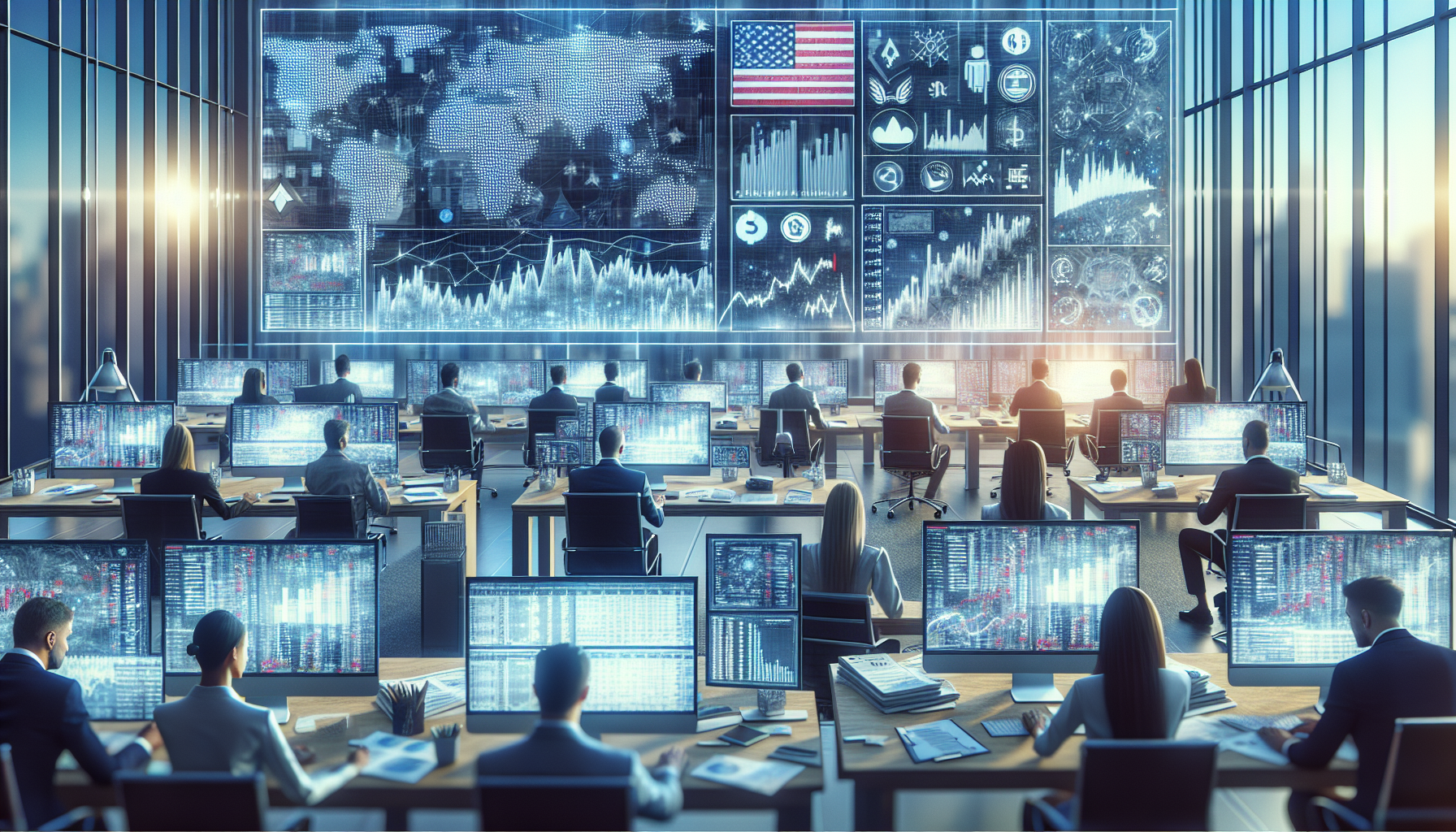 Create an image featuring an intricate, modern office space with digital screens displaying graphs and data charts related to cryptocurrency futures trading. In the background, subtly incorporate symbols of US regulatory bodies like the SEC (Securities and Exchange Commission) and CFTC (Commodity Futures Trading Commission). Use elements like legal documents, compliance checklists, and risk management strategies on the desks to emphasize the regulatory environment. Include a diverse group of traders and analysts in professional attire, focused on their work, with a clear indication of the US setting, such as an American flag subtly positioned in the room.