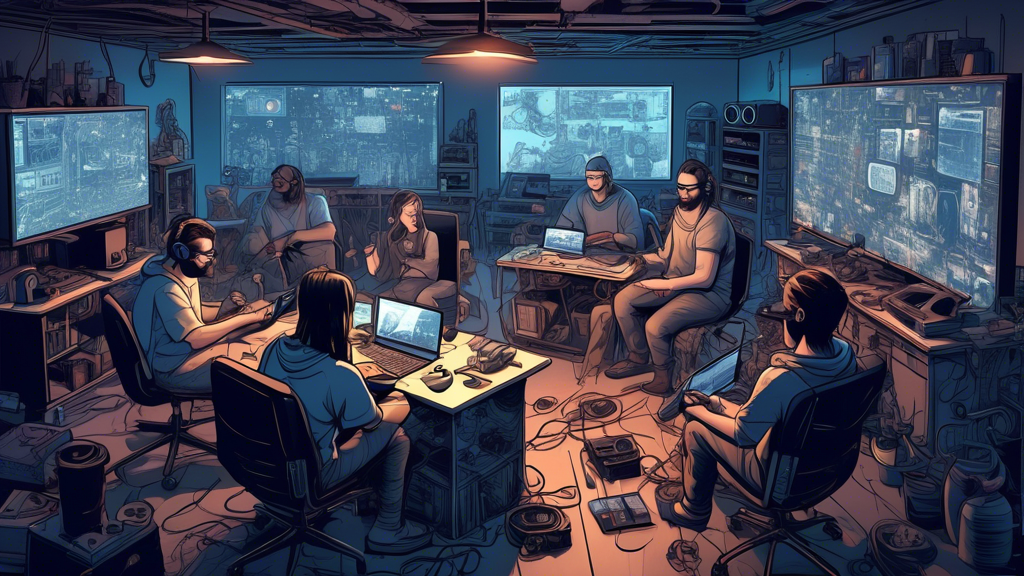 Create an image showcasing a group of enthusiastic modders working together in a cozy, tech-filled room, surrounded by PlayStation 2 consoles, circuit boards, and VR headsets in various stages of assembly. The scene should highlight their intense focus as they collaborate, referring to sketches and blueprints detailing their homebrew VR projects. The room should emanate a DIY, hacker culture, with posters of classic PlayStation 2 games and VR technology on the walls, showcasing the grassroots efforts and challenges faced in bringing VR to the PlayStation 2 community.