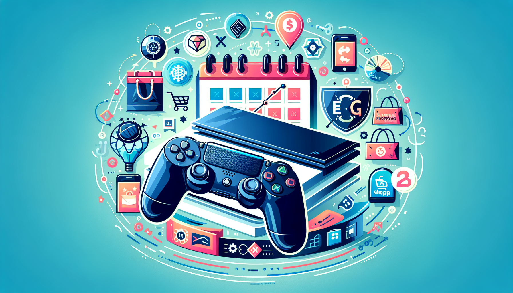 Create an image of a PlayStation 4 console surrounded by Amazon Prime symbols and shopping icons, with a calendar highlighting Black Friday and Prime Day, and price tracking tools in the background to represent various savings strategies.