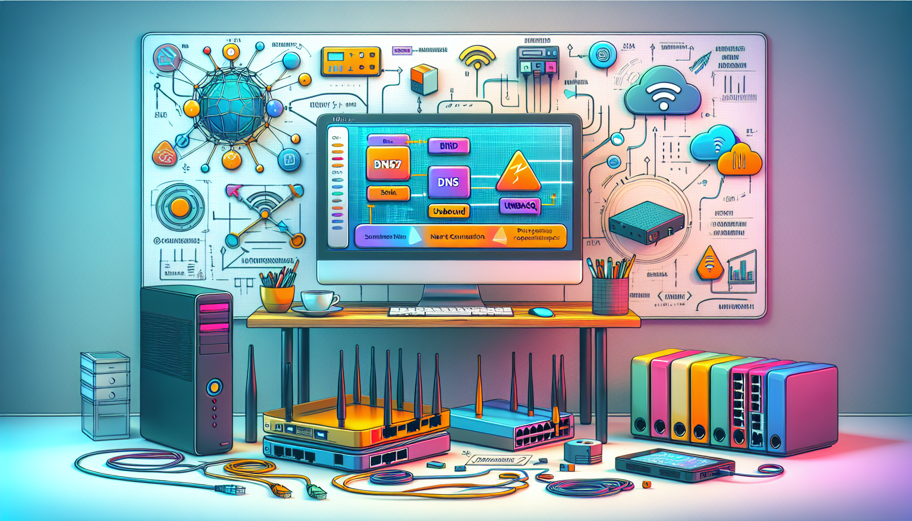 Create an image illustrating the Essential Tools and Requirements to Build Your Own Smart DNS Proxy. The scene should depict a workspace with various hardware and software-related items necessary for the setup. Include elements like a computer with its screen displaying DNS software like Bind, Dnsmasq, or Unbound, a network router, Ethernet cables, and a Wi-Fi router. Add a list of prerequisites written on a whiteboard in the background, mentioning a stable internet connection and initial network setup steps. The overall ambiance should be tech-centric, giving the viewer a clear sense of preparation before diving into the actual building process.