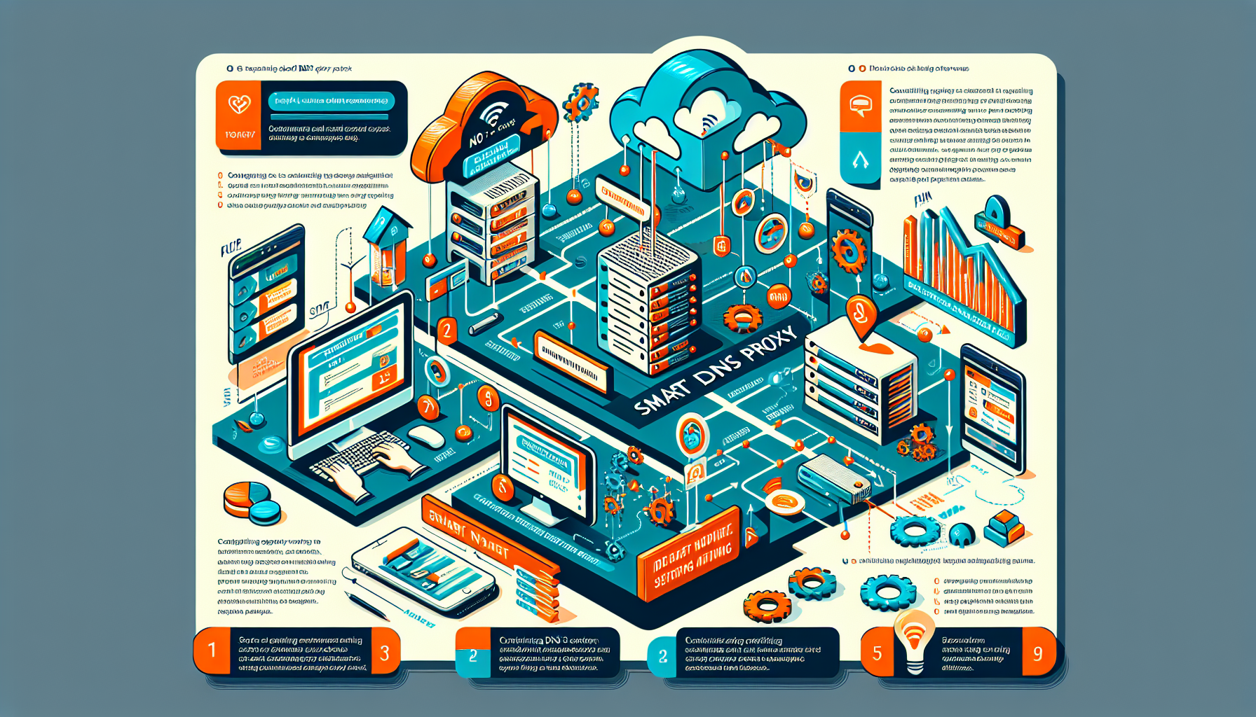 A detailed, step-by-step illustration showing the process of building your own Smart DNS Proxy. The image should include visual representations of server configuration, DNS software setup, customization of DNS settings, and a segment on troubleshooting common issues. Include annotations and labels to guide the viewer through each step, with a focus on clarity and educational value. Use a mix of digital art and infographics to effectively convey the technical details and processes involved.