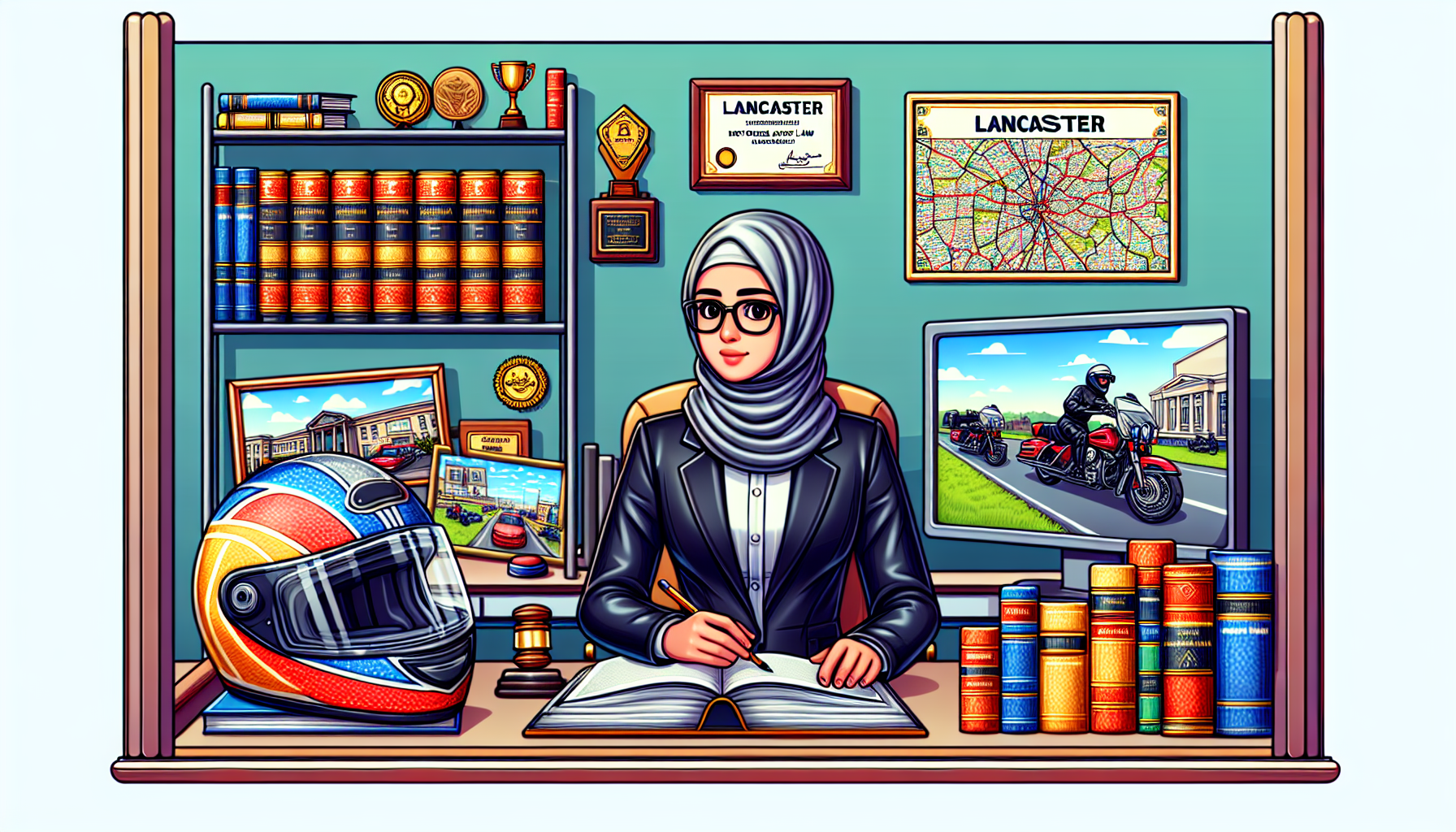 DALL-E prompt: Illustrate a professional Lancaster motorcycle accident lawyer
