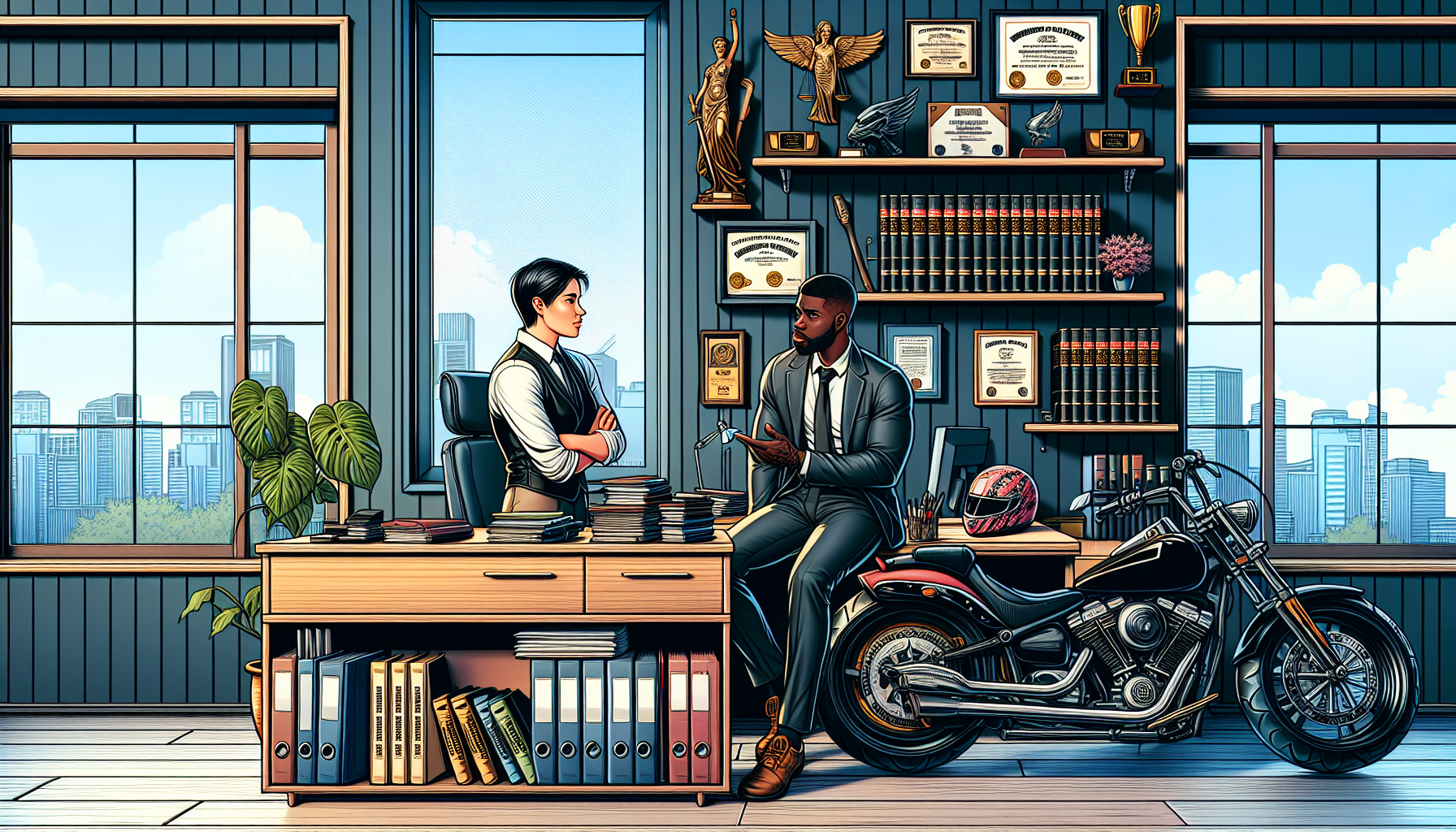 DALL-E prompt: A carefully arranged office of a professional motorcycle accident lawyer in Lancaster, showing a serene environment with motorcycle-related law books and legal documents on the desk. In the scene, a client, visibly a motorcycle enthusiast, is having a focused discussion with a lawyer who displays confidence and expertise. The walls of the office are adorned with certificates and accolades relevant to motorcycle law. Outside the window, the busy streets of Lancaster can be seen, subtly reminding of the city