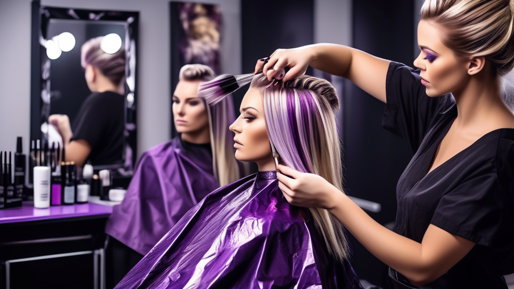 Create a highly detailed image showcasing a hairstylist in a modern salon applying blonde and purple foils to a client