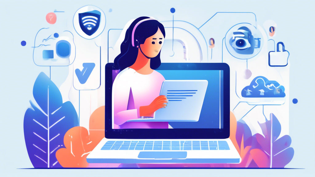 A detailed digital illustration showing a person using an unblocked browser on a laptop, with their surroundings subtly indicating privacy and security. The image emphasizes best practices for safe and secure browsing, including icons for privacy protection, warnings against scams, and reminders to update security measures. The laptop screen displays a browser interface with a padlock icon and the Wi-Fi symbol, highlighting secure access. Background elements like a checklist for privacy tips and a shield icon convey the emphasis on safety.