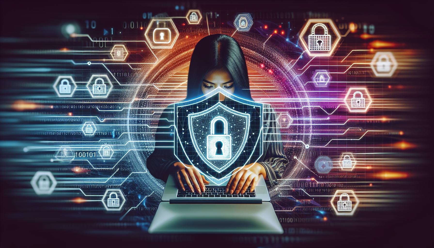 An image depicting a person using a Windows laptop with a graphical representation of a VPN shield icon, signifying security and privacy. The background shows digital elements like binary codes and padlocks to emphasize data protection. The scene should convey the assessment of reliability and safeguarding privacy when using free VPNs.