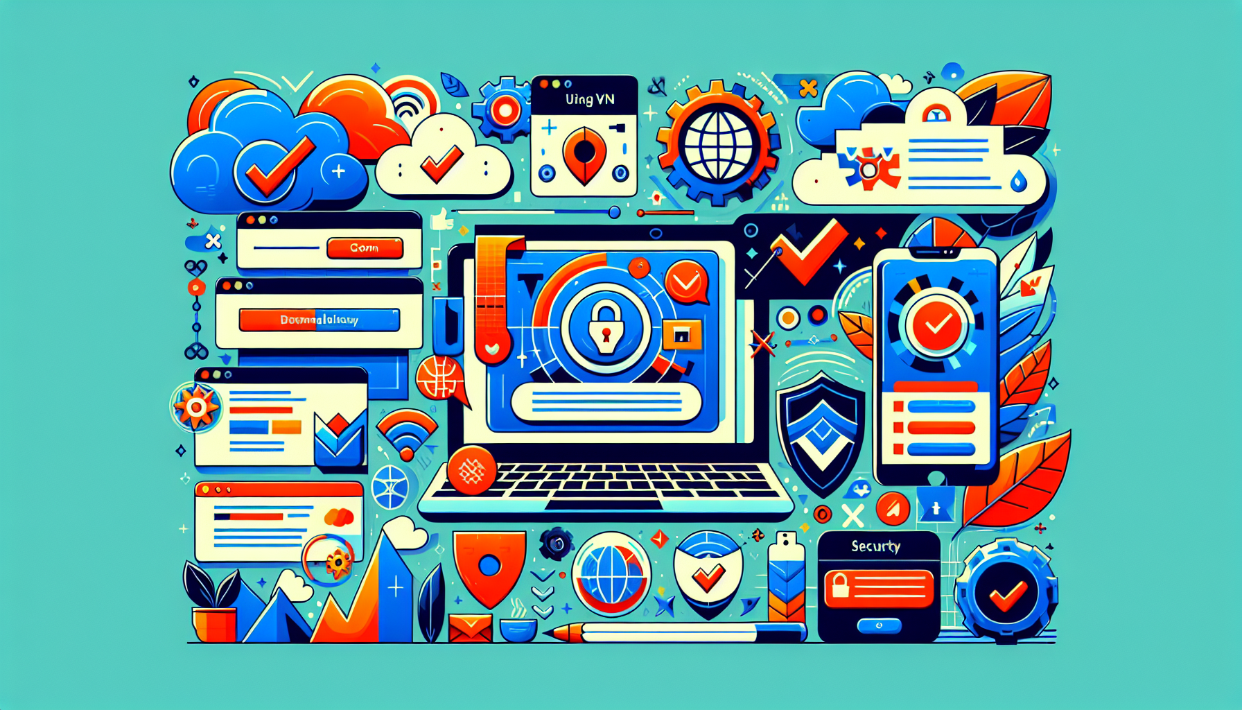 Create an illustrative image showing a step-by-step guide for installing and using a free VPN on Windows. The image should include visual elements representing each step, such as downloading the VPN software, running the installation process, configuring settings for optimal performance and security, and screenshots of common troubleshooting tips. Incorporate graphics like a Windows laptop, iconography for VPN software, checkmarks for completed steps, and security shields to highlight best practices for daily use.