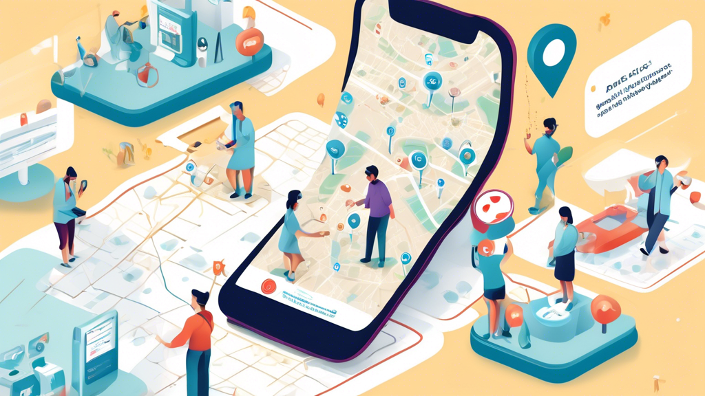 Create an illustrative image that focuses on the theme How to Locate DOT Physicals Near Me Now Quickly and Easily. Depict a scene where a person is using a smartphone or computer to search for DOT physicals. Include elements such as a map with pins indicating nearby locations, icons representing local clinics and urgent care centers, and a user interface showing steps to make an appointment. The overall vibe should be modern, user-friendly, and emphasize convenience.