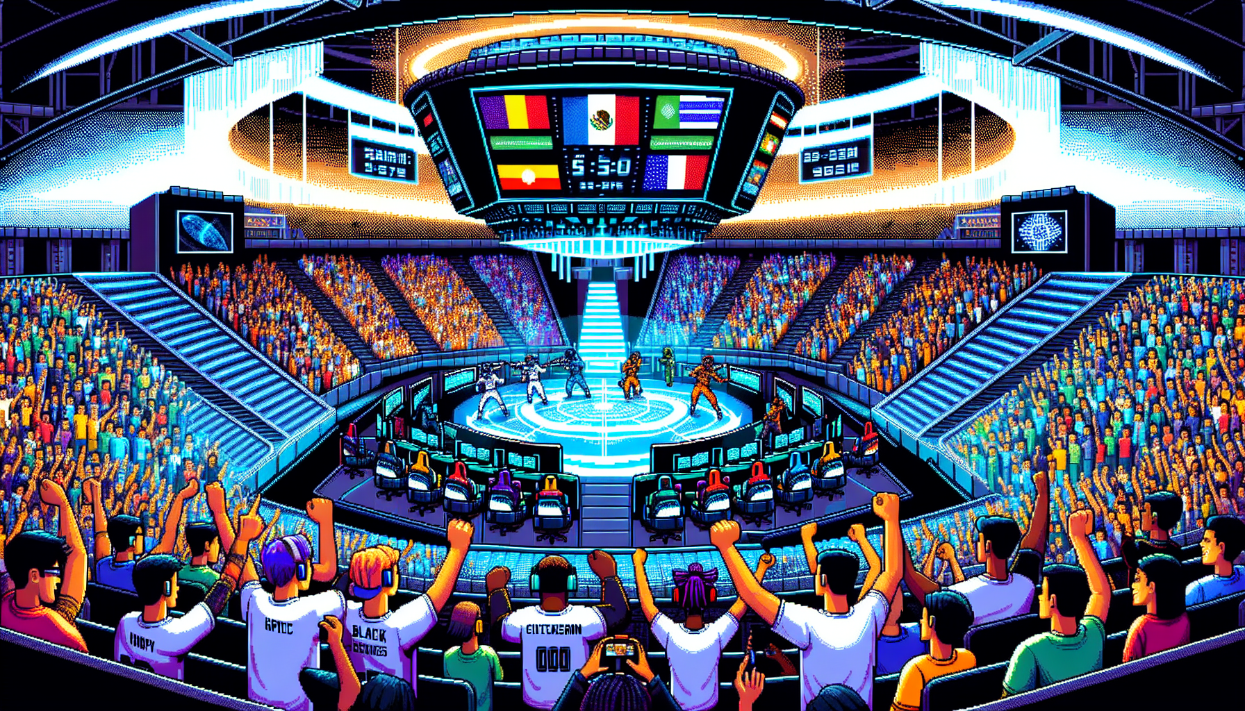Create an image depicting the future of competitive gaming led by United Esports. The image should feature a futuristic esports arena filled with a cheering global audience, advanced gaming technology, and diverse teams competing in an electrifying tournament. Highlight elements that showcase innovation and excitement, such as holographic displays, virtual reality headsets, and interactive audience participation. Ensure the atmosphere exudes unity, cutting-edge advancements, and the pioneering spirit of United Esports.