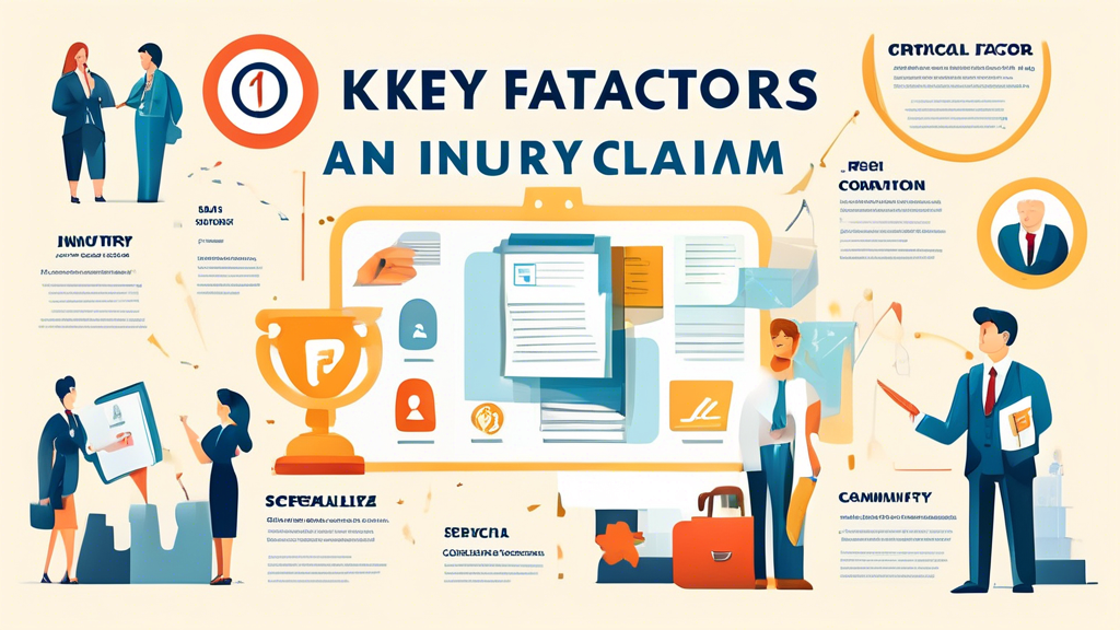 Create an illustration titled Key Factors to Consider When Selecting an Injury Claim Lawyer. The image should depict a checklist board surrounded by icons representing critical factors like a diploma (Experience and Specialization), a trophy (Success Rate), a speech bubble (Client Testimonials), a phone (Accessibility), and a handshake (Communication Skills). The setting should be in a professional office environment, and the background should include subtle elements like law books and a justice scale to emphasize the context of legal services.