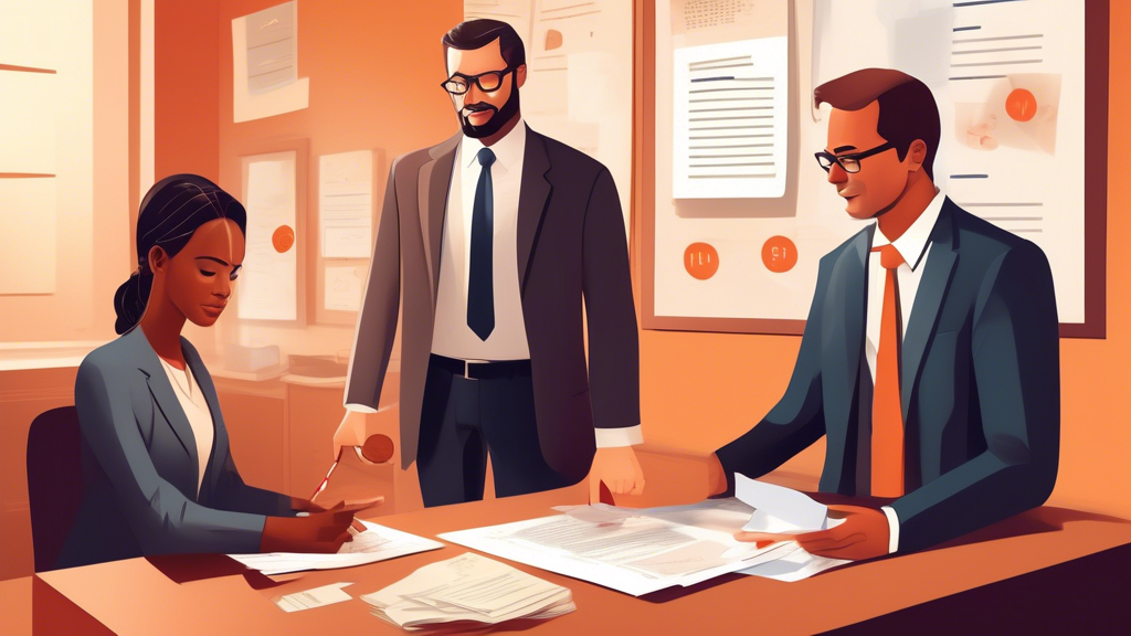 Create a detailed illustration portraying the process of hiring an injury claim lawyer: Show an individual having an initial consultation with a lawyer in an office setting, a close-up of discussing and assessing fees with a transparent document showing payment options, and a final scene where both parties are signing a legal agreement. Each step should be clearly labeled and visually distinct. Use warm, welcoming tones to emphasize comfort and trust.