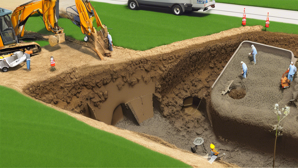 DALL-E prompt for an image related to outline point #3:

A split-screen comparison image showing trenchless sewer line repair on one side and traditional excavation on the other. The trenchless side features a neat lawn with minimal equipment and workers, while the traditional side shows a large excavated area with heavy machinery. Include cost and time indicators to highlight the differences between the two methods.