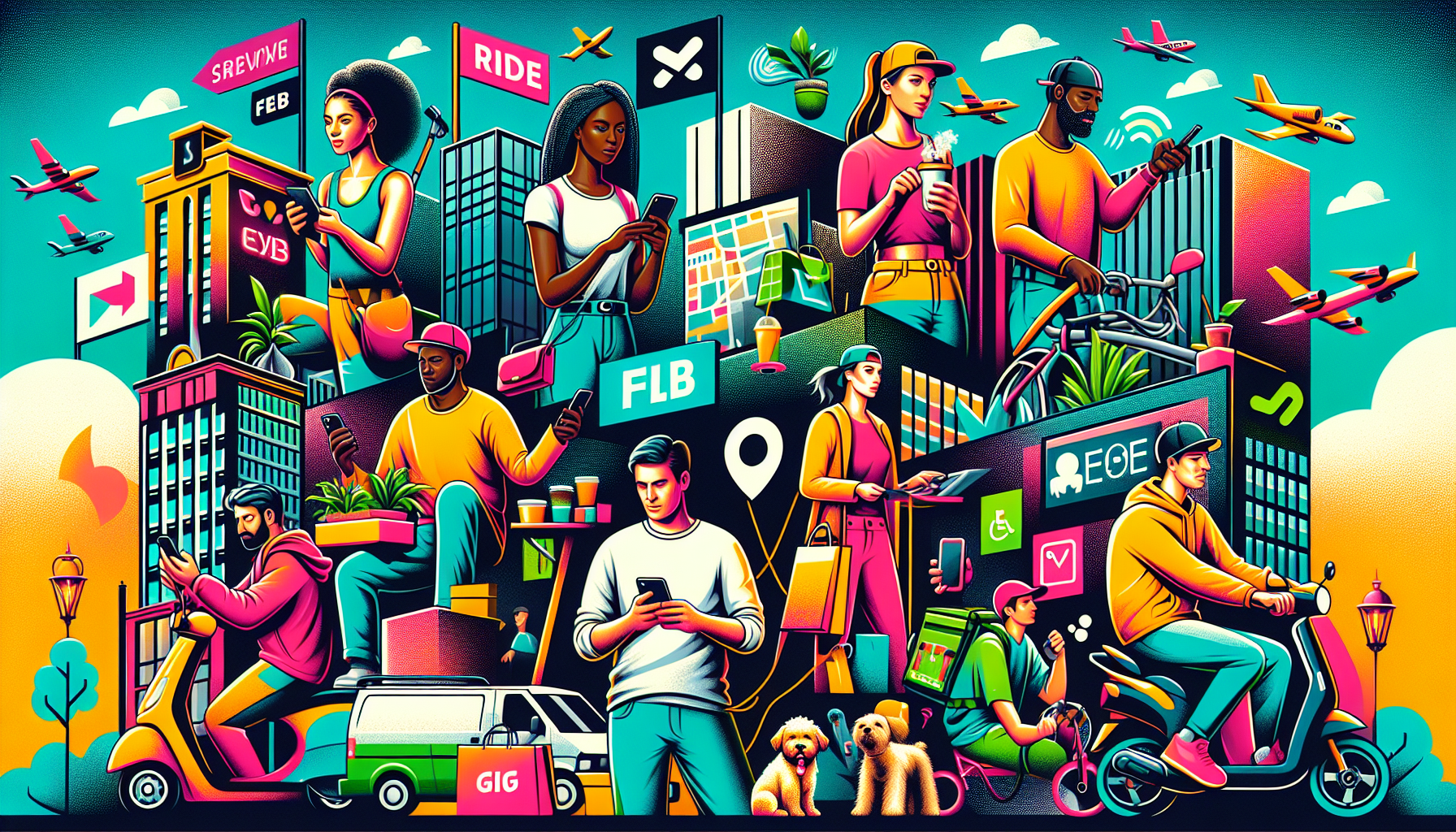 Create an image featuring a diverse group of people engaging in various gig economy jobs, such as ride-sharing, food delivery, freelance photography, and dog walking. Each person is depicted using popular gig apps on their smartphones, emphasizing the flexibility and profitability of these jobs. The background showcases a lively, urban setting to highlight the vibrant and dynamic nature of the gig economy. Include subtle elements like the logos of popular gig economy platforms seamlessly integrated into the scene.

Prompt for DALL-E: A vibrant urban setting with diverse individuals engaged in various gig economy jobs, such as ride-sharing, food delivery, freelance photography, and dog walking. Each person uses a popular gig app on their smartphone, showcasing the flexibility and profitability of side jobs for quick cash. Include subtle logos of popular gig economy platforms seamlessly integrated into the scene.