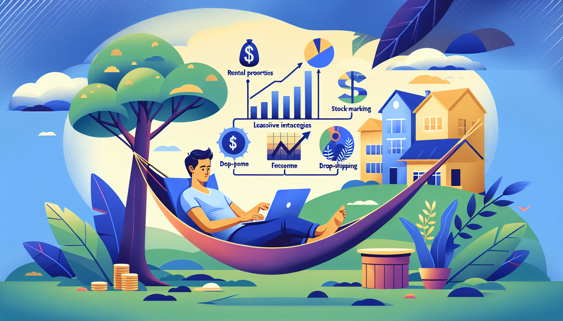 Create an image that illustrates “Passive Income Strategies: Earning Without Active Work.” The scene should depict a person relaxing on a hammock under a shady tree, holding a tablet or laptop. Surrounding them in the background are various symbols of passive income opportunities, such as rental properties, stock market charts, and a drop-shipping store. The atmosphere should be serene and leisurely, highlighting the long-term benefits and ease of passive income streams, with a subtle focus on the concept of earning money effortlessly. The keyword side jobs for cash should be subtly incorporated into the background elements.