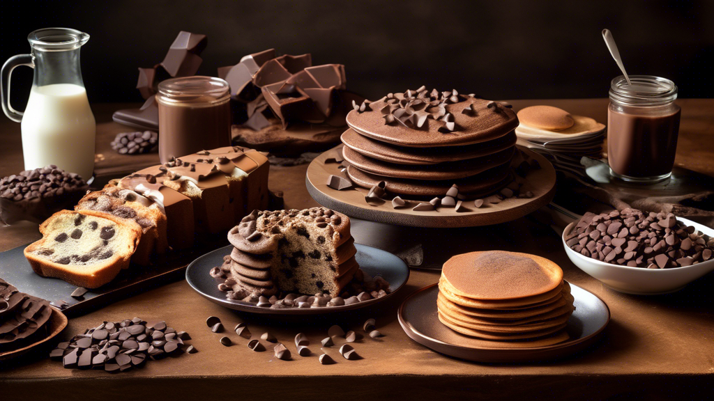 An elaborate scene showcasing diverse baked goods creatively using chocolate chips, including a specular close-up of a loaf of chocolate chip bread next to fluffy chocolate chip pancakes, all arranged on a rustic kitchen table. The scene also illustrates a variety of chocolate chips such as semi-sweet, dark, and milk chocolate scattered artistically around the baked goods, exemplifying innovative baking options.