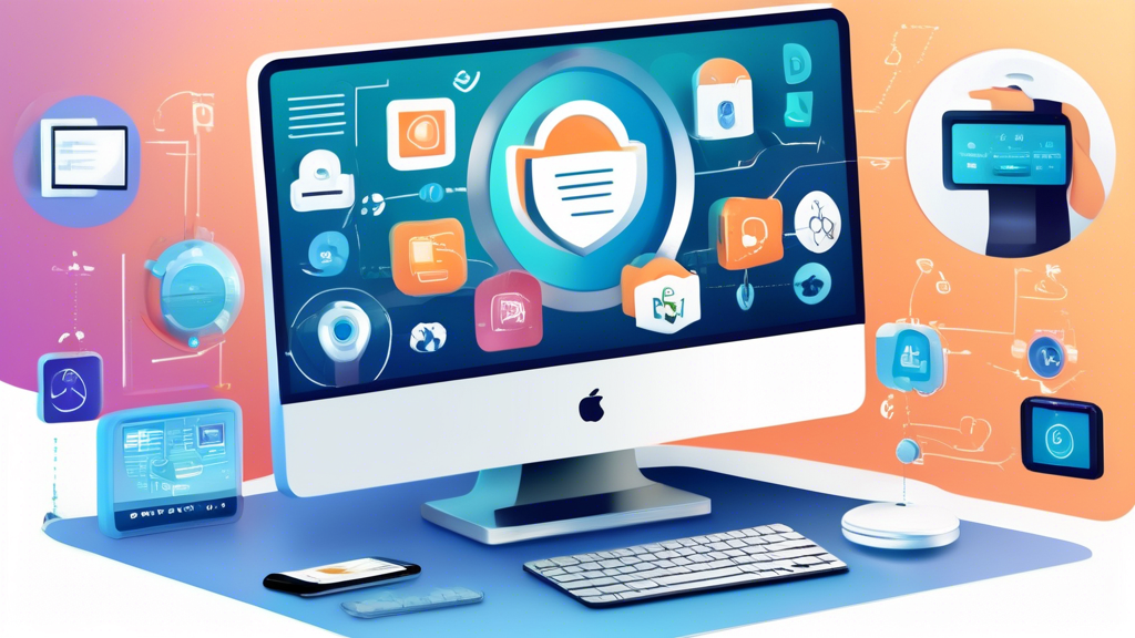 Create an image that illustrates a user-friendly digital workspace showcasing various privacy protection tools and technologies. The scene should include a computer screen displaying a privacy-focused browser with an encrypted email service, and a phone showing a two-factor authentication app. Surround the workspace with icons representing software updates, secure browsing, and encryption tools. Emphasize a clean, modern aesthetic to appeal to users interested in protecting their privacy online.