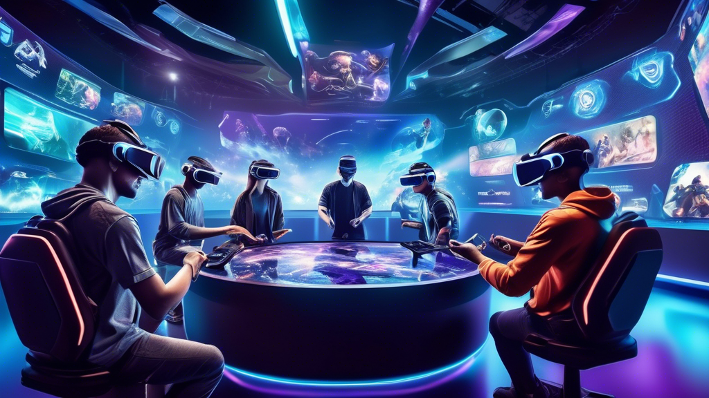Design a futuristic scene showcasing the evolution and future trends of e-gaming. The image features a diverse group of gamers immersed in a high-tech gaming environment, utilizing virtual reality (VR) headsets, augmented reality (AR) devices, and AI-driven game systems. In the background, a large stadium is seen, blending e-sports and traditional sports, with holographic advertisements displaying international gaming events. The atmosphere is vibrant and dynamic, capturing the essence of global connectivity and inclusivity within the e-gaming community.

Keywords to include: futuristic e-gaming, VR, AR, AI, diverse gamers, global connectivity, e-sports stadium.
