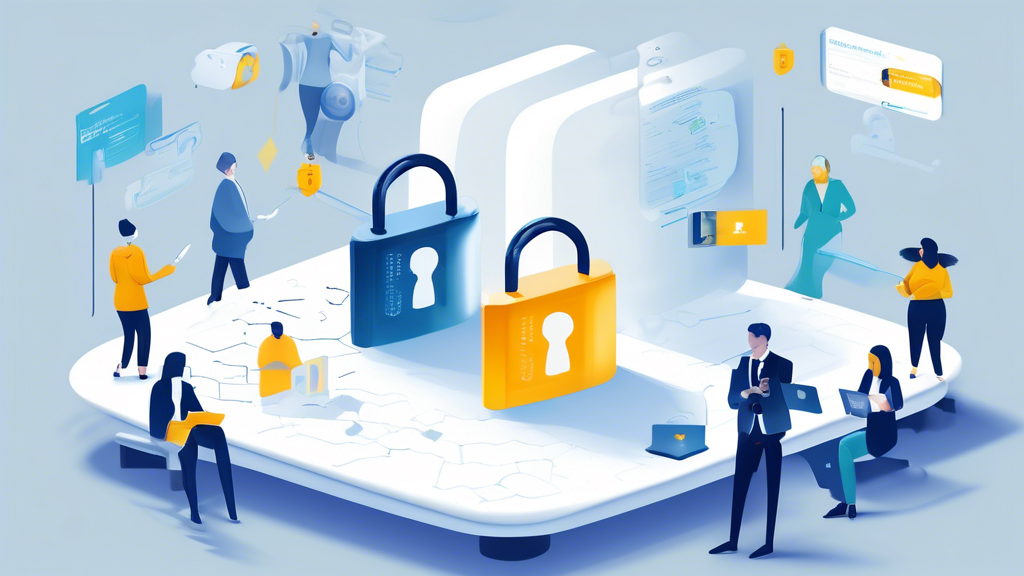 Create an image that illustrates the security and reliability of WhiteBit Exchange. The scene should include elements like padlocks, shields, and secure digital transactions to emphasize the platform