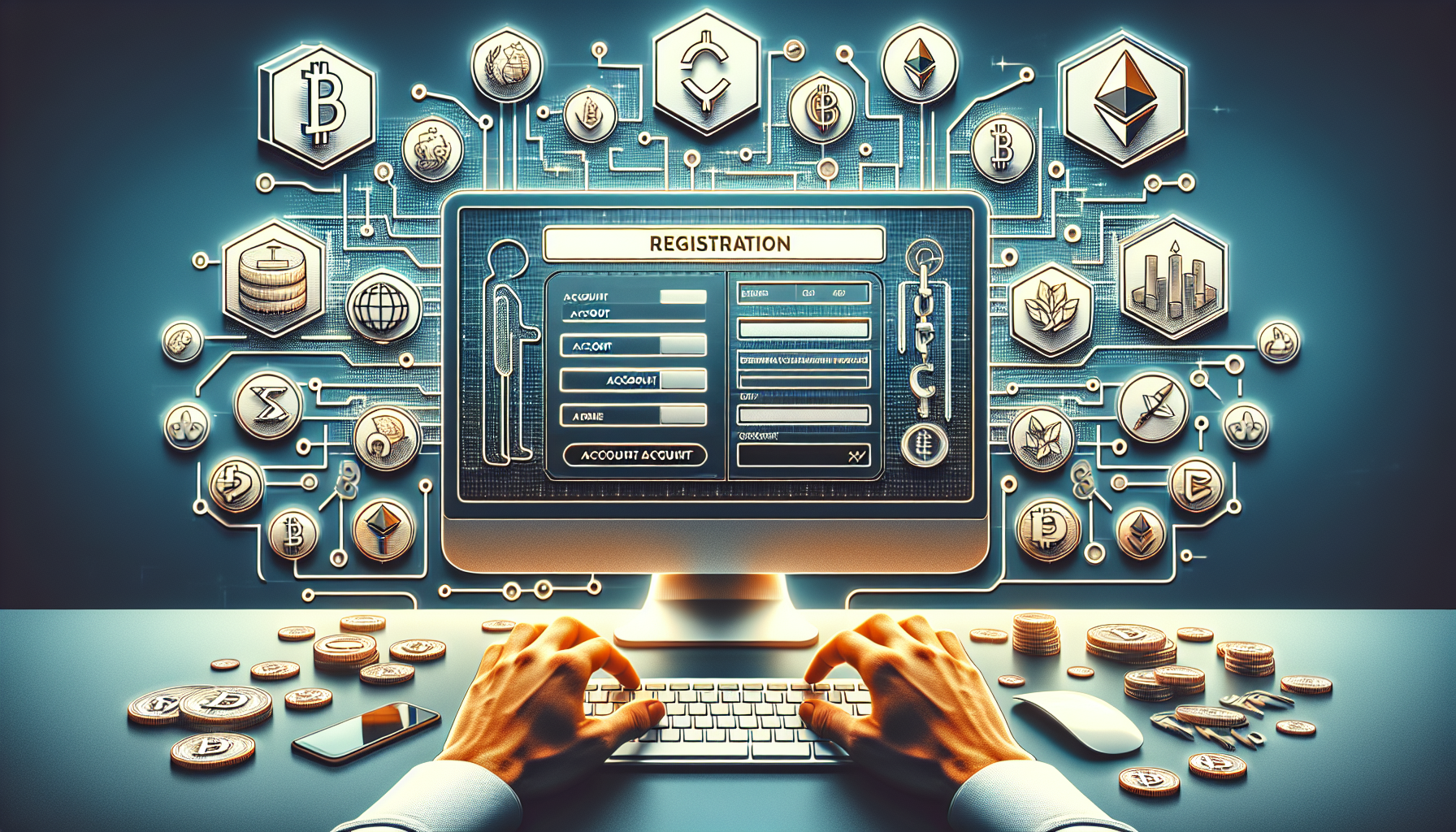 Create an image that captures a comprehensive scene for Процесс регистрации и использование платформы Gemini Exchange. At the center, show a computer screen displaying the Gemini Exchange registration page with clear forms and highlighted input fields for user information. Surrounding the screen, depict various icon overlays representing different features; to the left, include icons for account types such as a basic account and a premium account, with visual distinctions. On the right, include icons illustrating trading tools and features like charts and cryptocurrency icons (e.g., Bitcoin, Ethereum). Below the computer screen, show a user