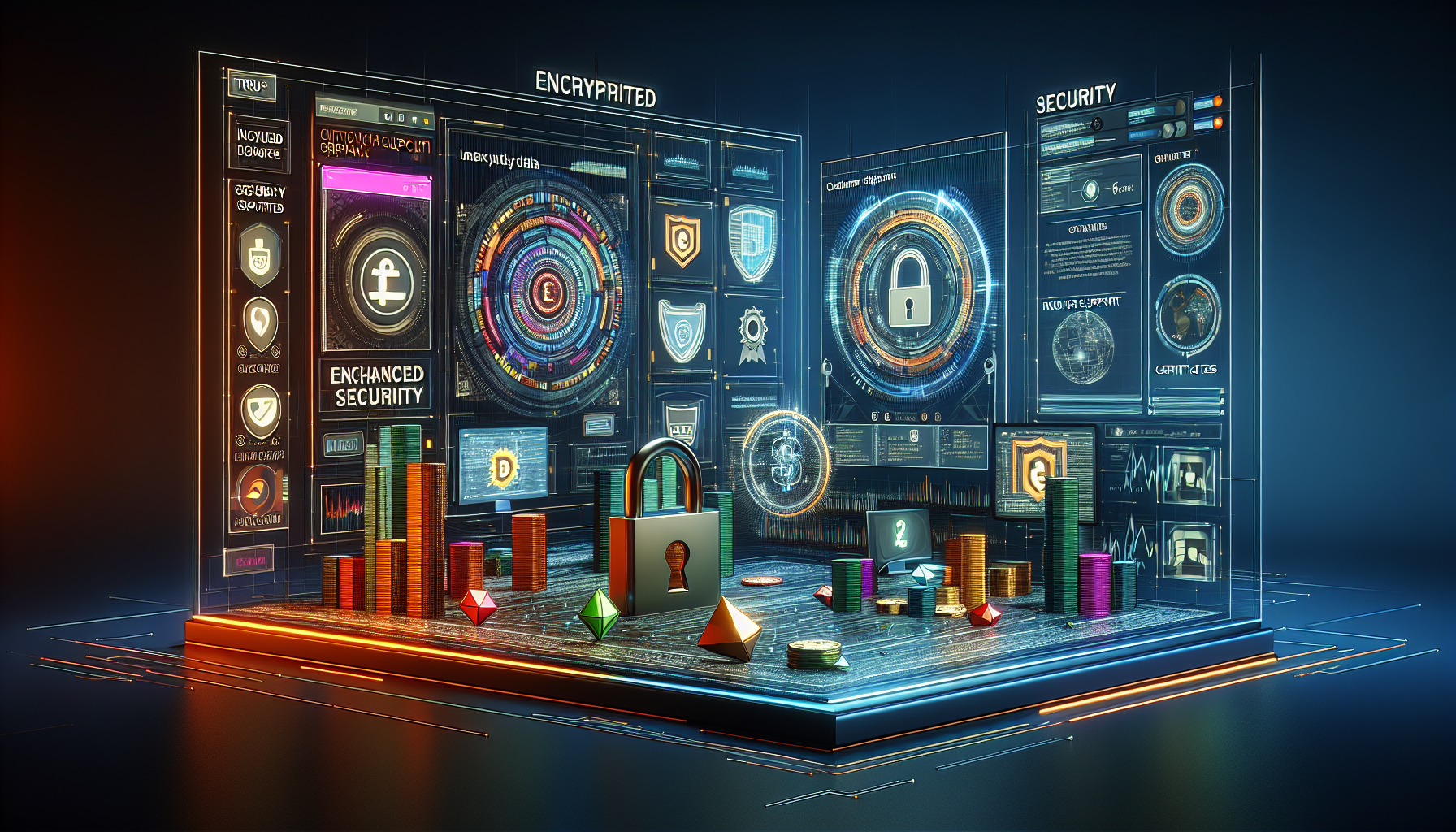 Create an image showing a high-tech, secure digital trading platform interface with a focus on enhanced security features. The scene should include elements like encrypted data, security locks, insurance certificates, and customer support chat windows. The color scheme should emphasize trust and reliability, with professional and sleek design aesthetics that align with the brand of Gemini Exchange.