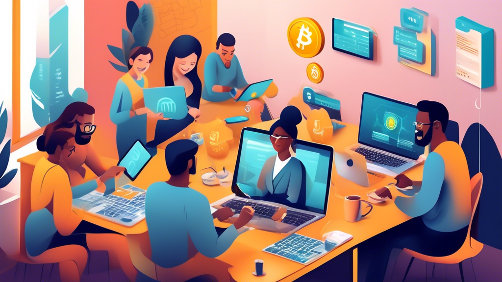 Create an image of a cheerful, diverse group of people setting up their M1 Finance accounts on their laptops and smartphones, specifically focusing on enabling cryptocurrency trading. The background should depict a home office environment with modern decor, and screens showing step-by-step account setup guides. Include visual elements of digital security, like security padlocks and encryption symbols, to emphasize account protection. Keywords: crypto on M1 Finance.