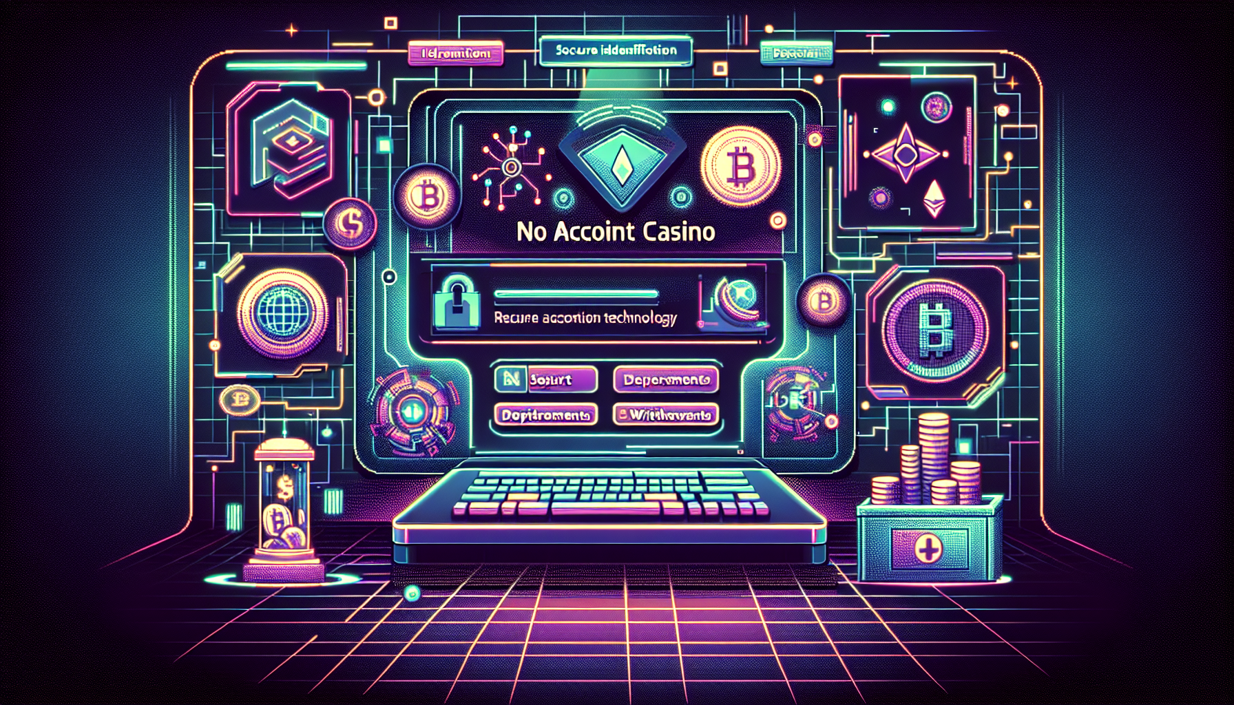 Create an image that captures the technological innovations driving the rise of no account casinos. Illustrate a futuristic online casino interface with elements such as secure identification technology icons, streamlined payment solutions showing instant deposits and withdrawals, and cryptocurrency symbols like Bitcoin and Ethereum. The setting should be vibrant and engaging, reflecting advanced technology and seamless user experience.